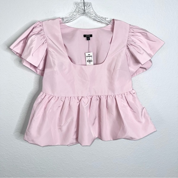 Express Top Women XS Blouse Peplum Shirt Baby Pink  Flutter Sleeve Babydoll Z - Picture 3 of 10
